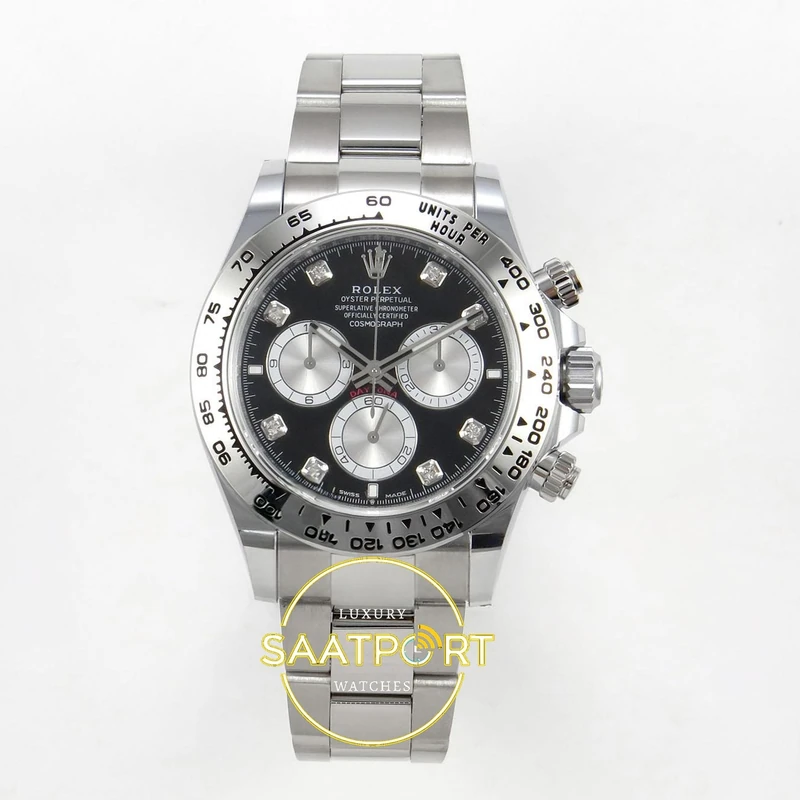 01-105 Rolex Daytona 40mm 126509 Black Silver Diamonds BTF Factory Eta Saat karşıdan görünüm