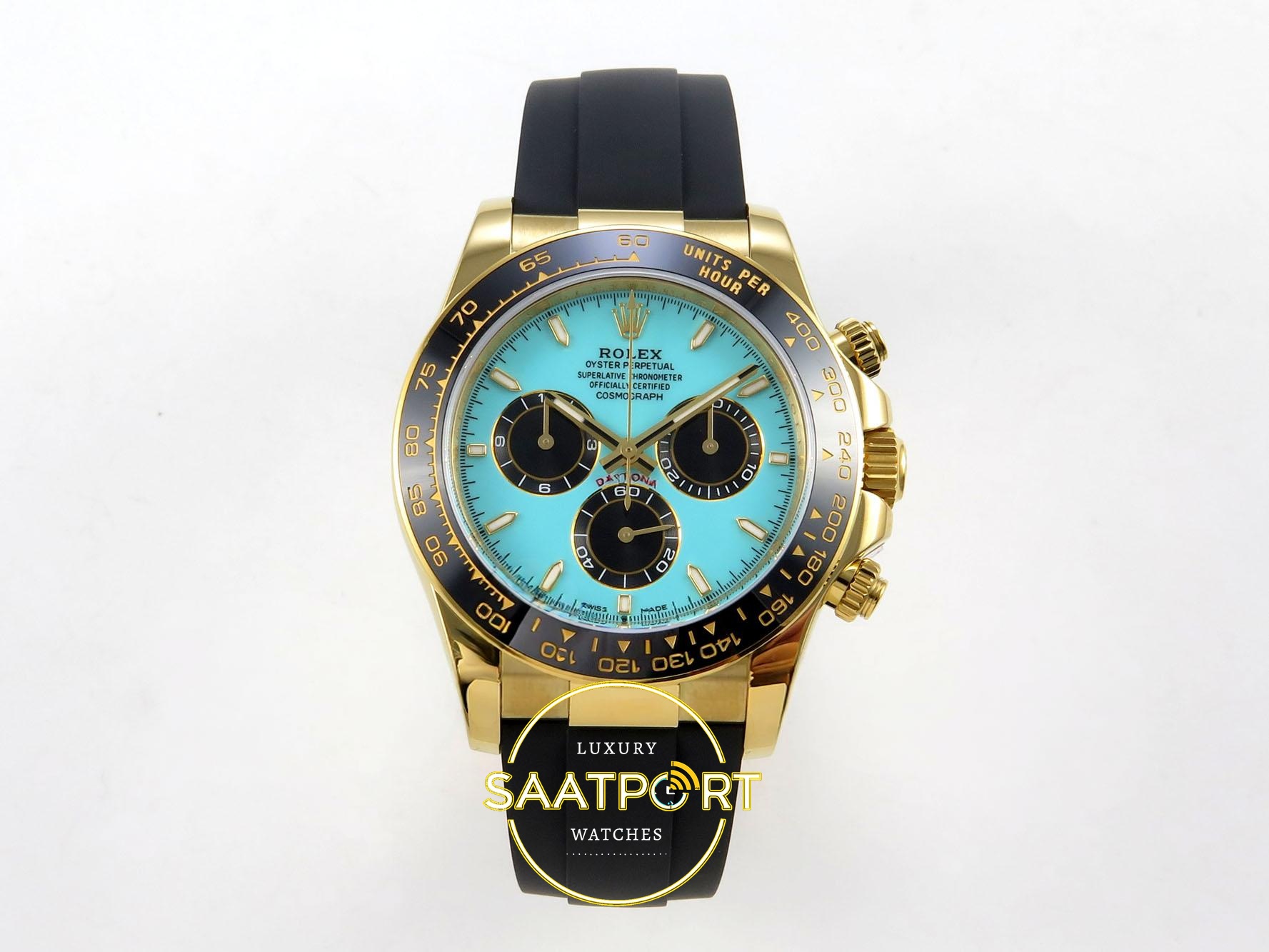 01-107 Rolex Daytona 40mm 126518 Tiffany Turquoise Oysterflex ZF Factory Eta Saat karşıdan görünüm