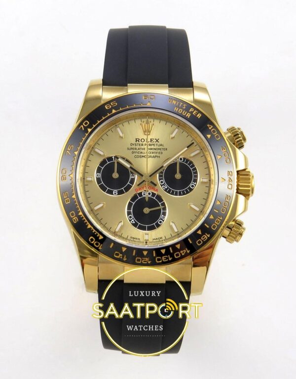 Rolex Daytona 40mm 126518 Yellow Gold Black Subdial Oysterflex ZF Factory Eta Saat karşıdan görünüm