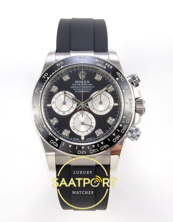 Rolex Daytona 40mm 126519 Black Silver Diamonds Oysterflex ERF Factory Eta Saat karşıdan görünüm