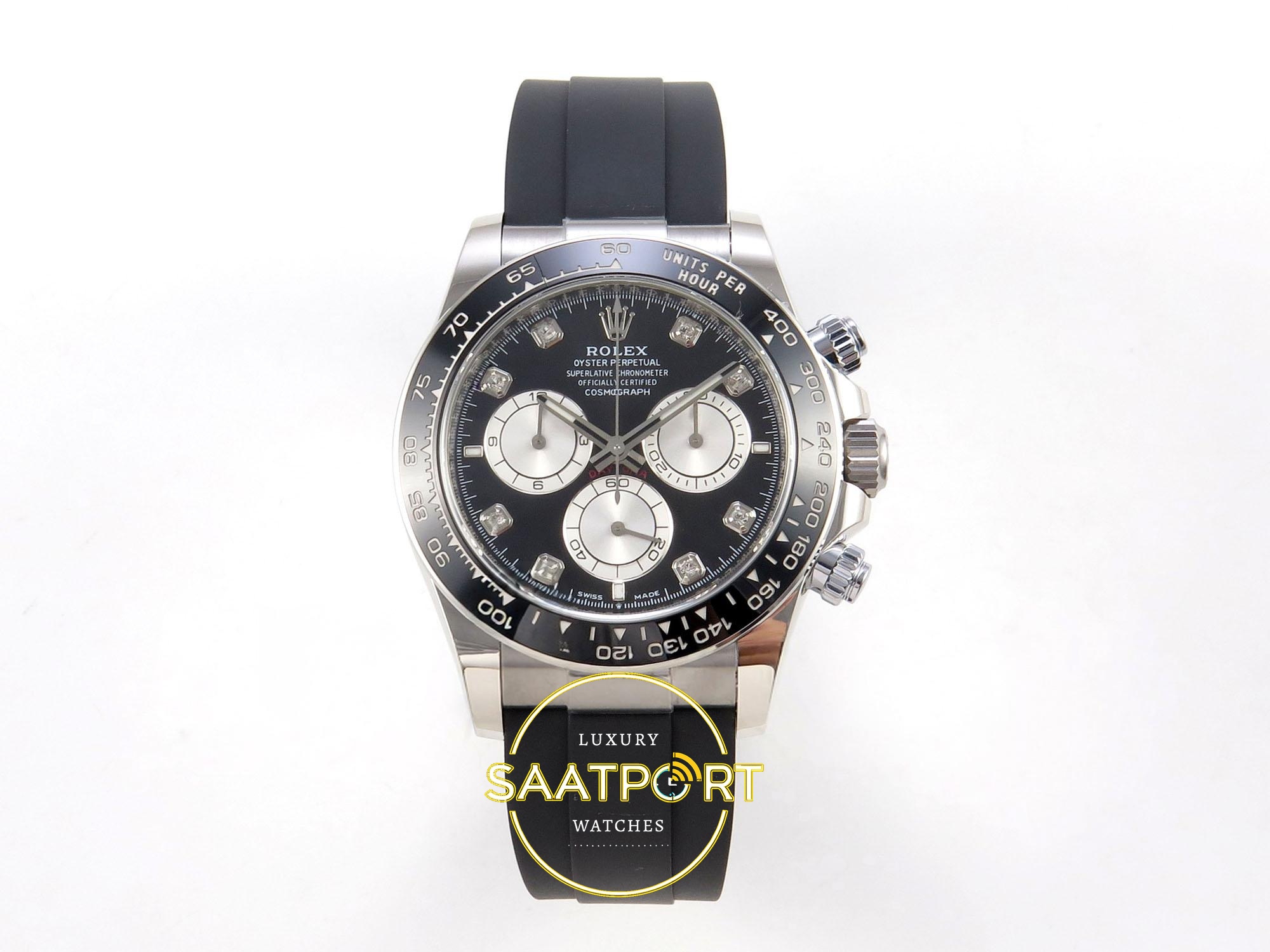 01-118 Rolex Daytona 40mm 126519 Black Silver Diamonds Oysterflex ERF Factory Eta Saat karşıdan görünüm