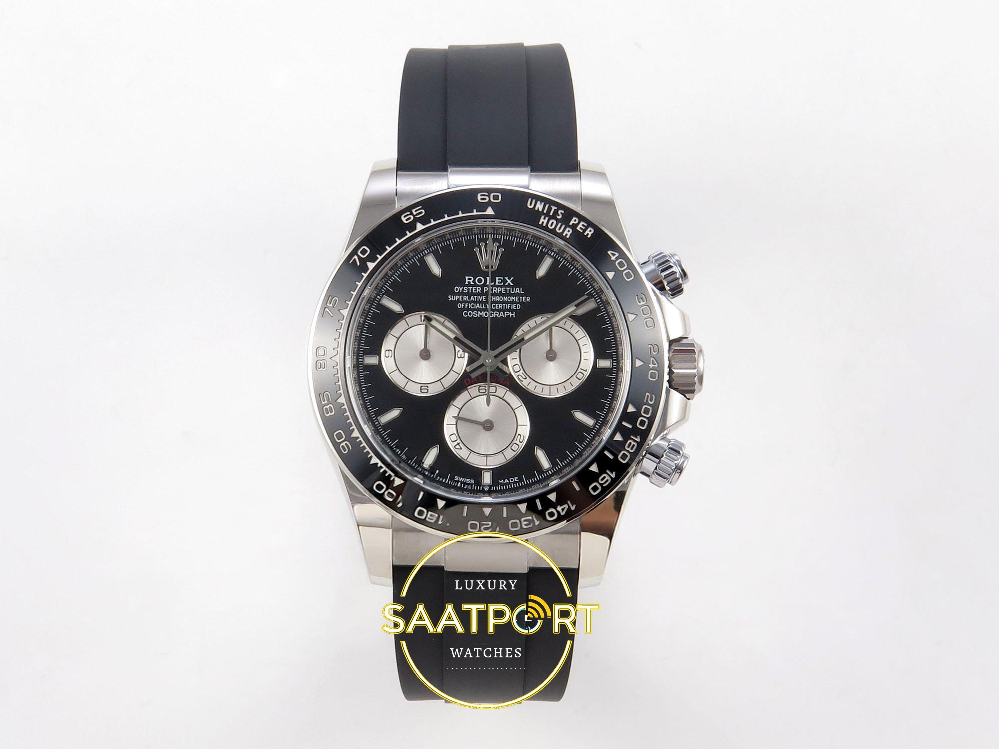 01-120 Rolex Daytona 40mm 126519 Black Silver Oysterflex ERF Factory Eta Saat karşıdan görünüm