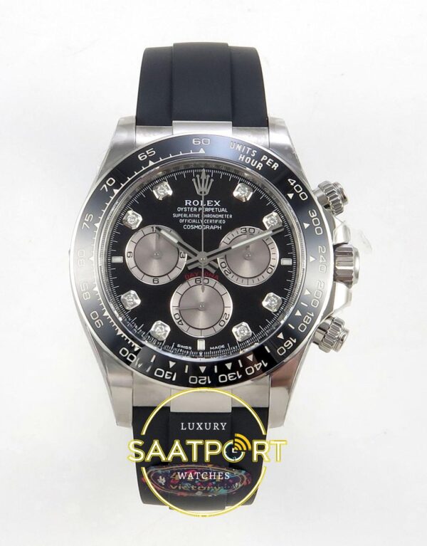 Rolex Daytona 40mm 126519 Black Silver Subdial Diamonds Oysterflex VF Factory Eta Saat karşıdan görünüm