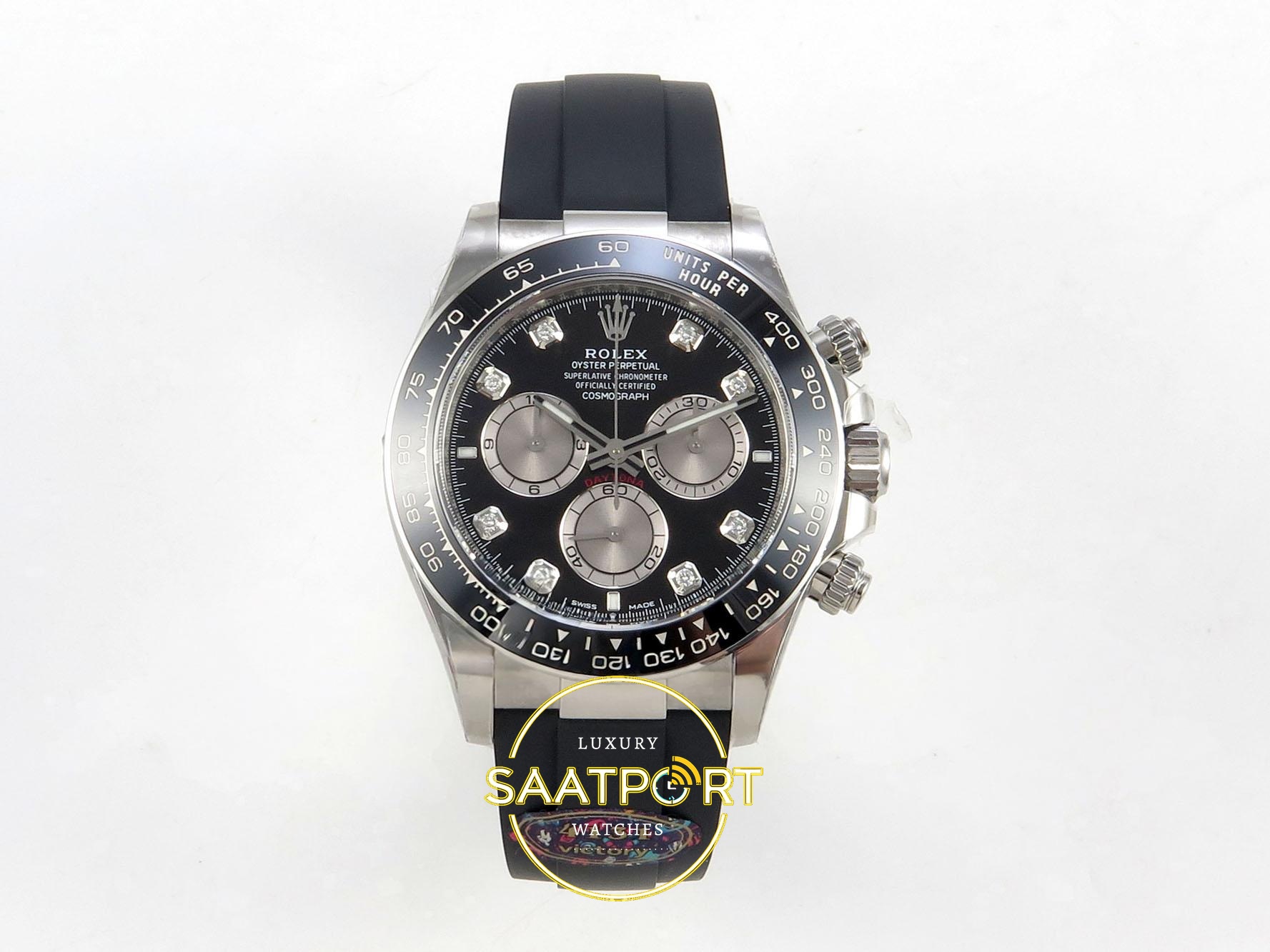 01-121 Rolex Daytona 40mm 126519 Black Silver Subdial Diamonds Oysterflex VF Factory Eta Saat karşıdan görünüm