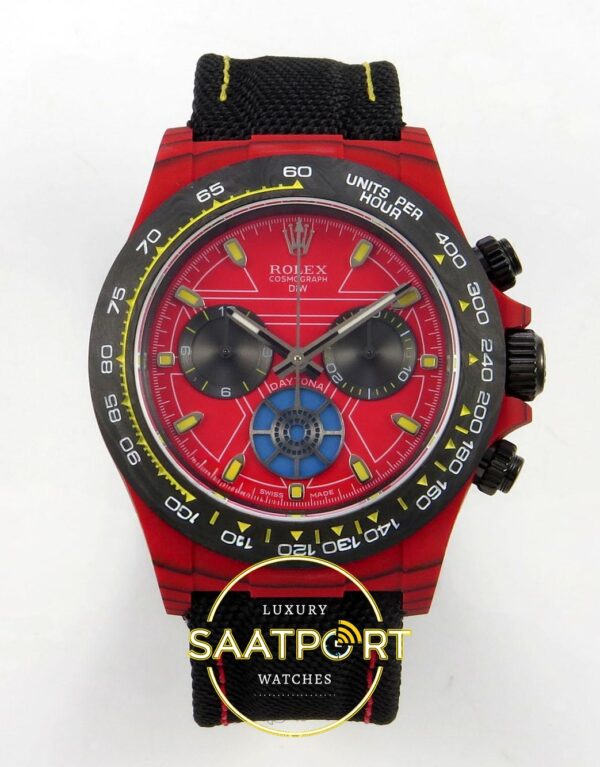 Rolex Daytona DIW Red Carbon Iron Man Red Dial Black Nylon Eta Saat karşıdan görünüm