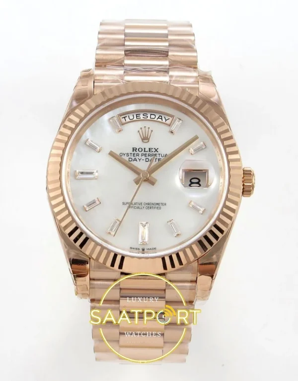 Rolex Day Date 228235 Beyaz Sedef Taşlı Kadran 40mm VSF V2 Eta Saat karşıdan görünüm