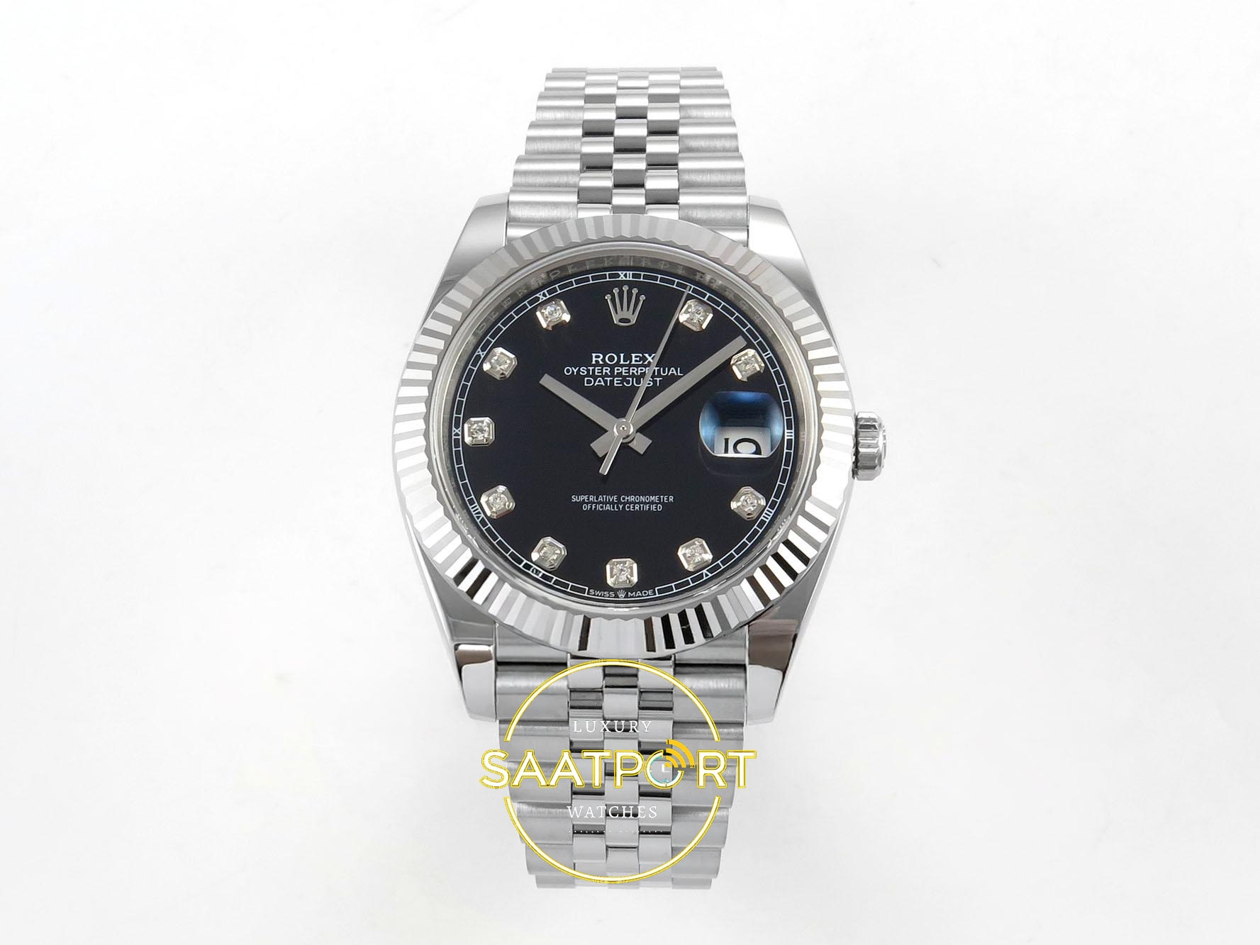 01-44 Rolex Datejust 41mm 126334 Black Diamonds Dial Jubilee VSF V3 Eta Saat karşıdan görünüm