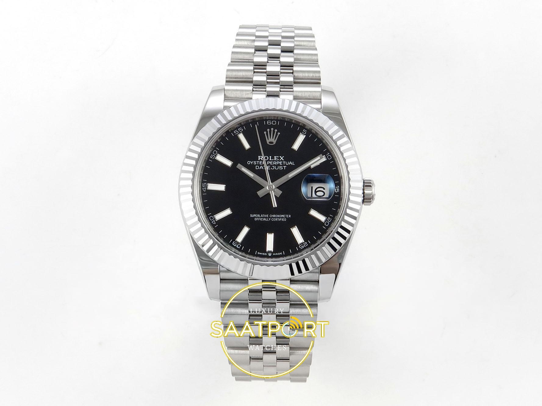 01-45 Rolex Datejust 41mm 126334 Black Stick Dial Jubilee VSF V3 Eta Saat karşıdan görünüm