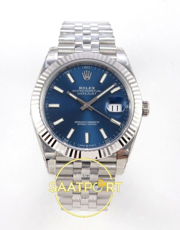 Rolex Datejust 41mm 126334 Blue Stick Dial Jubilee VSF V3 Eta Saat karşıdan görünüm