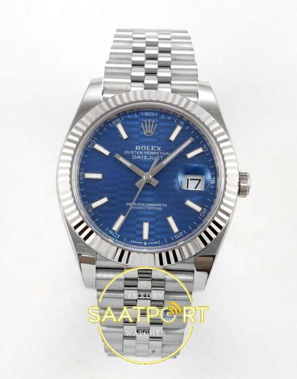 Rolex Datejust 41mm 126334 Blue Textured Stick Dial Jubilee VSF V3 Eta Saat karşıdan görünüm
