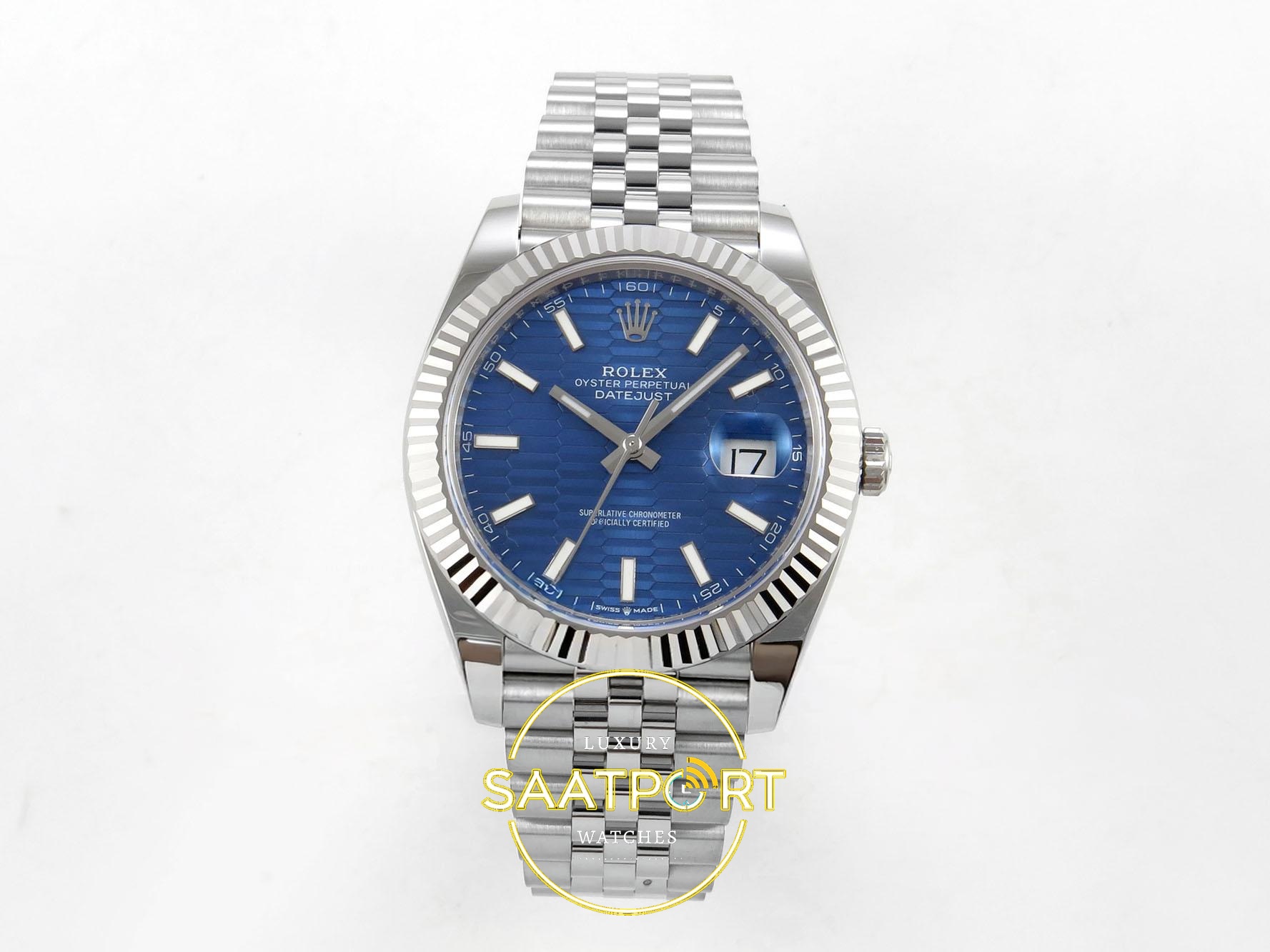 01-49 Rolex Datejust 41mm 126334 Blue Textured Stick Dial Jubilee VSF V3 Eta Saat karşıdan görünüm