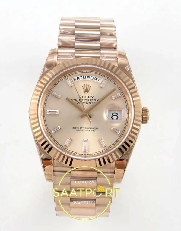 Rolex Day Date 228235 Rose Taşlı Kadran 40mm VSF V2 karşıdan görünüm