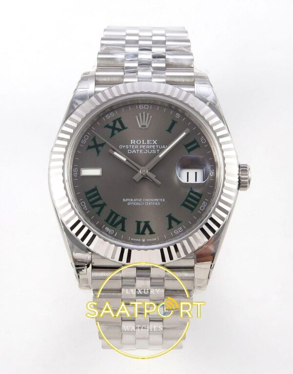 Rolex Datejust 41mm 126334 Gray Dial Green Roman Jubilee VSF V3 Eta Saat karşıdan görünüm