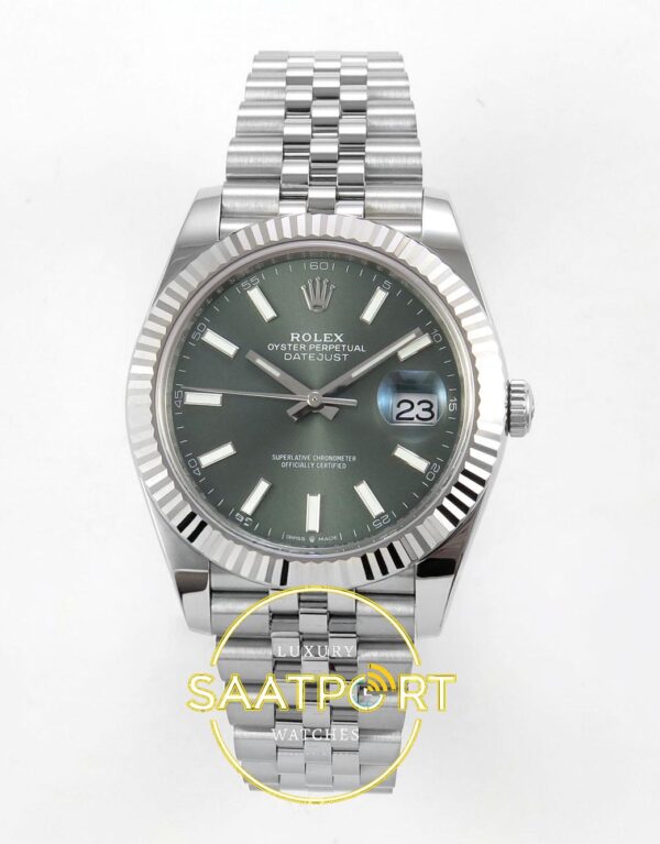 Rolex Datejust 41mm 126334 Green Stick Dial Jubilee VSF V3 Eta Saat karşıdan görünüm