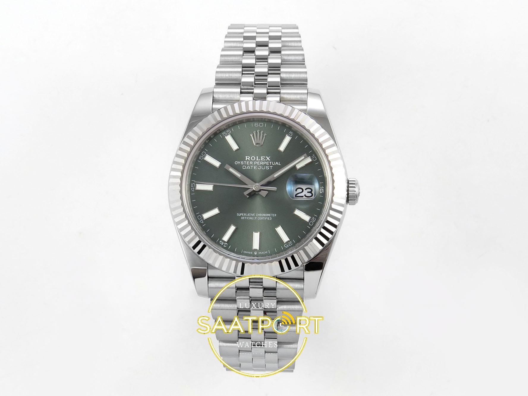 01-54 Rolex Datejust 41mm 126334 Green Stick Dial Jubilee VSF V3 Eta Saat karşıdan görünüm