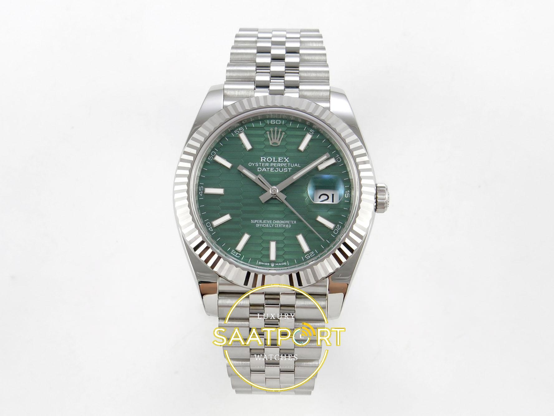 01-55 Rolex Datejust 41mm 126334 Green Textured Stick Dial Jubilee VSF V3 Eta Saat karşıdan görünüm