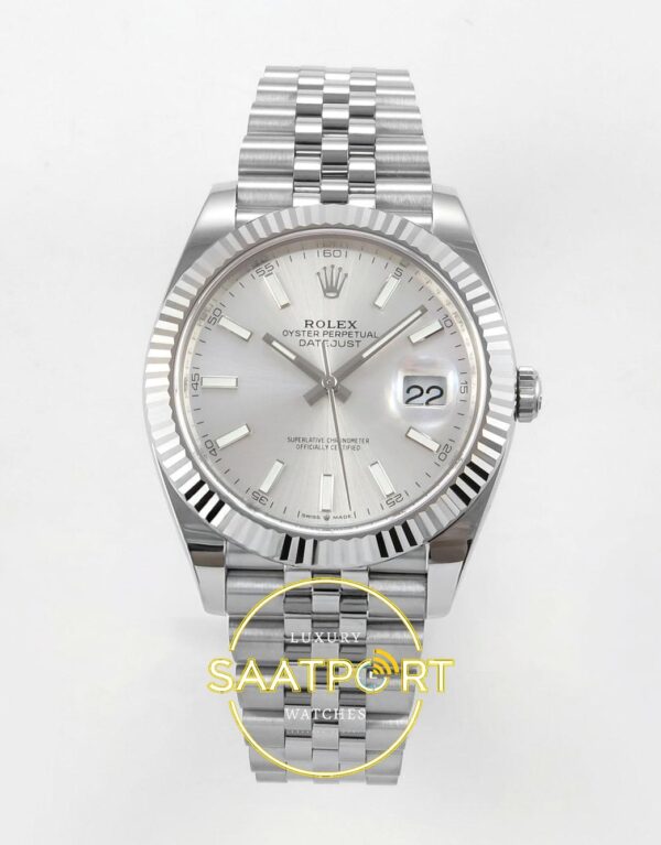 Rolex Datejust 41mm 126334 Silver Stick Dial Jubilee VSF V3 Eta Saat karşıdan görünüm