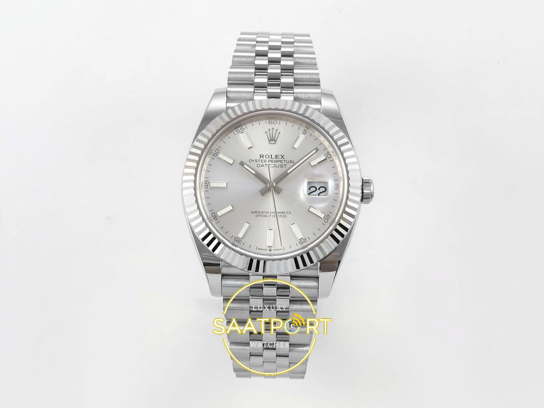 01-56 Rolex Datejust 41mm 126334 Silver Stick Dial Jubilee VSF V3 Eta Saat karşıdan görünüm