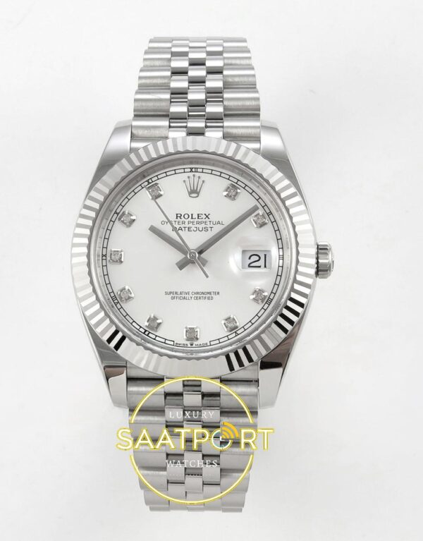 Rolex Datejust 41mm 126334 White Diamonds Dial Jubilee VSF V3 Eta Saat karşıdan görünüm