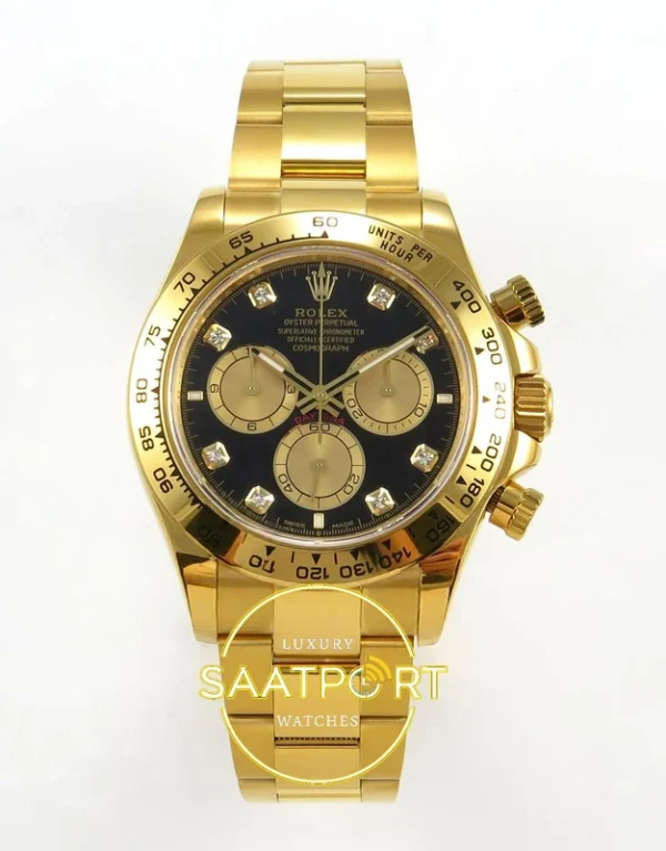 Rolex Daytona 40mm 126508 Black Yellow Gold Diamonds Yellow Gold QF Factory V2 Eta Saat karşıdan görünüm