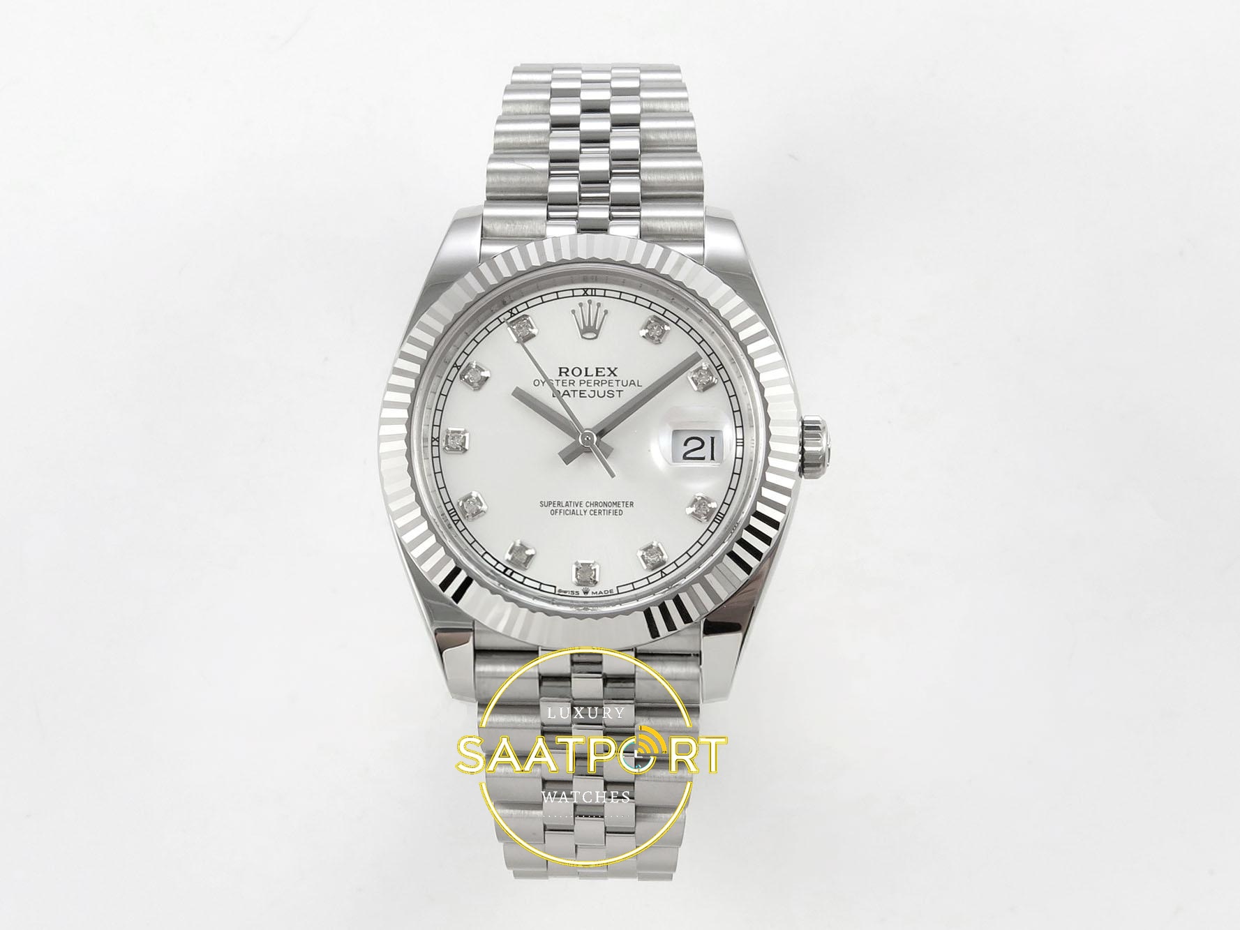 01-57 Rolex Datejust 41mm 126334 White Diamonds Dial Jubilee VSF V3 Eta Saat karşıdan görünüm