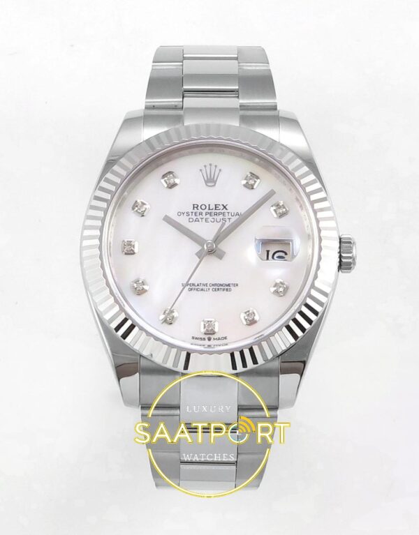 Rolex Datejust 41mm 126334 White Diamonds Dial Oyster VSF V3 Eta Saat karşıdan görünüm