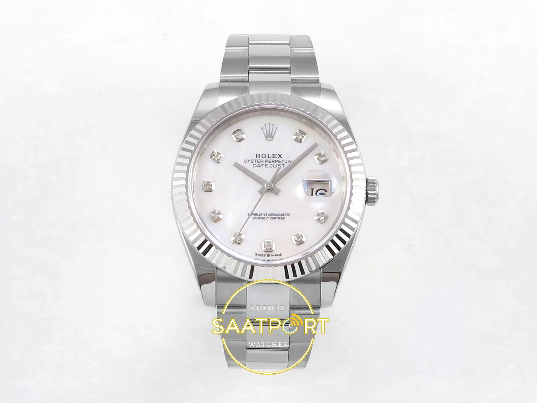 01-58 Rolex Datejust 41mm 126334 White Diamonds Dial Oyster VSF V3 Eta Saat karşıdan görünüm