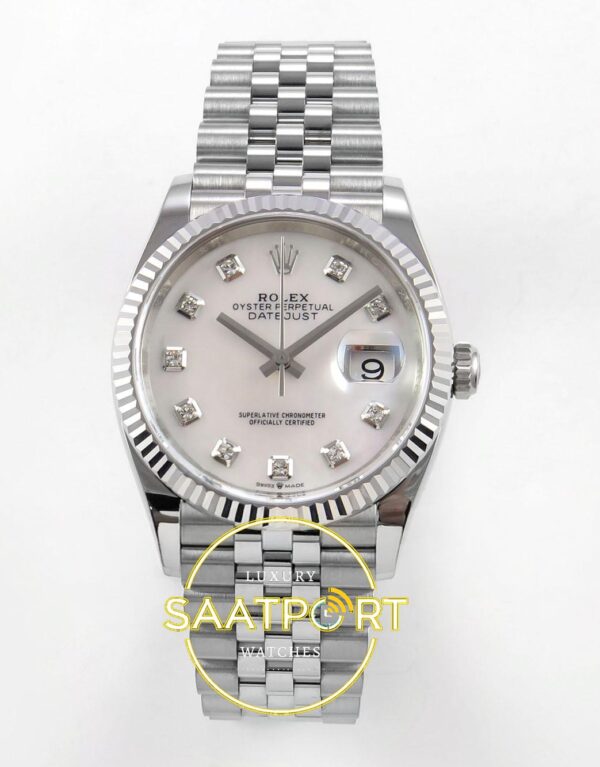 Rolex Datejust 41mm 126334 White MOP Diamonds Dial Jubilee VSF V3 Eta Saat karşıdan görünüm