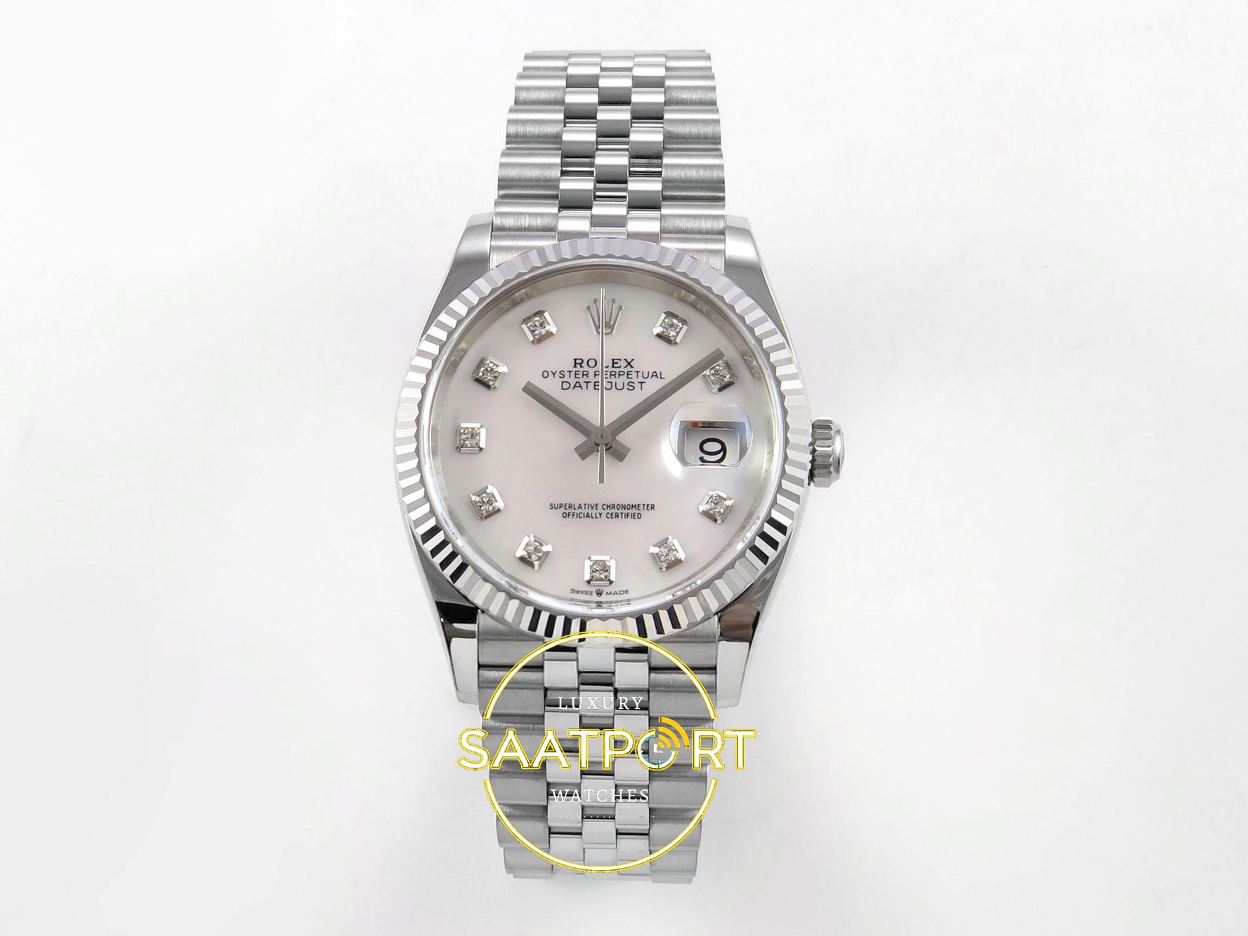 01-59 Rolex Datejust 41mm 126334 White MOP Diamonds Dial Jubilee VSF V3 Eta Saat karşıdan görünüm