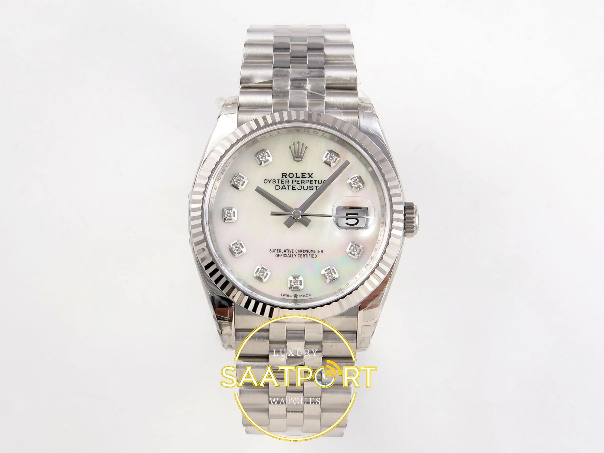 01-60 Rolex Datejust 41mm 126334 White MOP Diamonds Dial President VSF V3 Eta Saat karşıdan görünüm