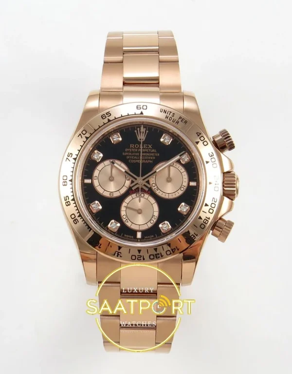 Rolex Daytona 40mm 126505 Black Rose Gold Diamonds Rose Gold QF Factory Eta Saat karşıdan görünüm