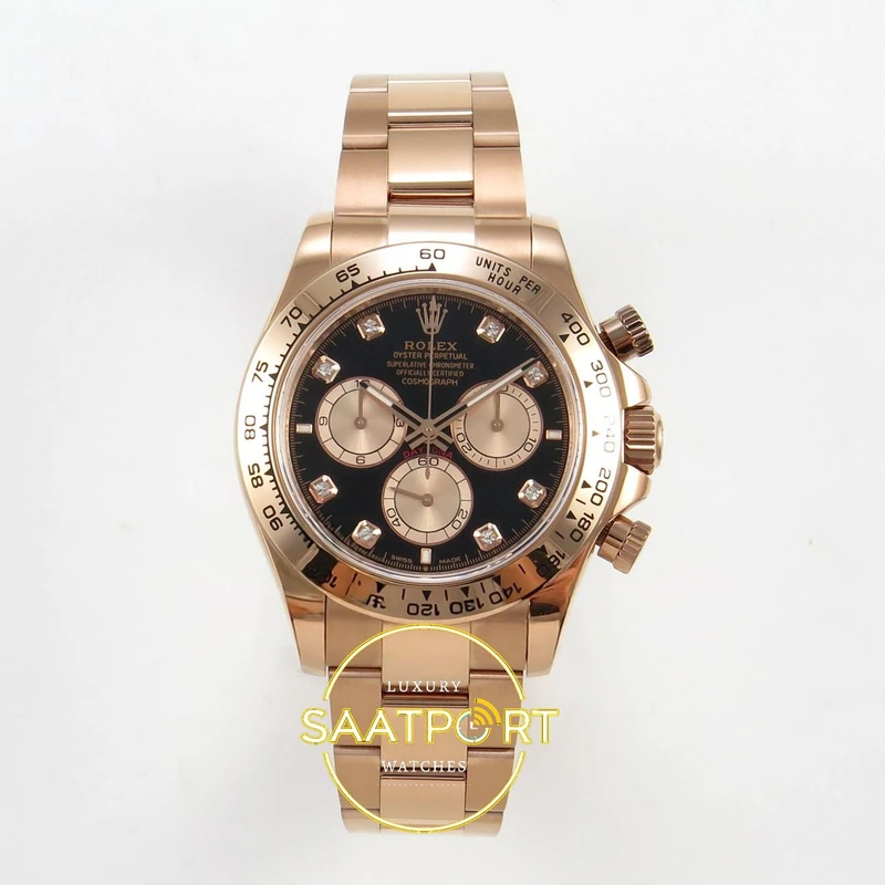 01-61 Rolex Daytona 40mm 126505 Black Rose Gold Diamonds Rose Gold QF Factory Eta Saat karşıdan görünüm