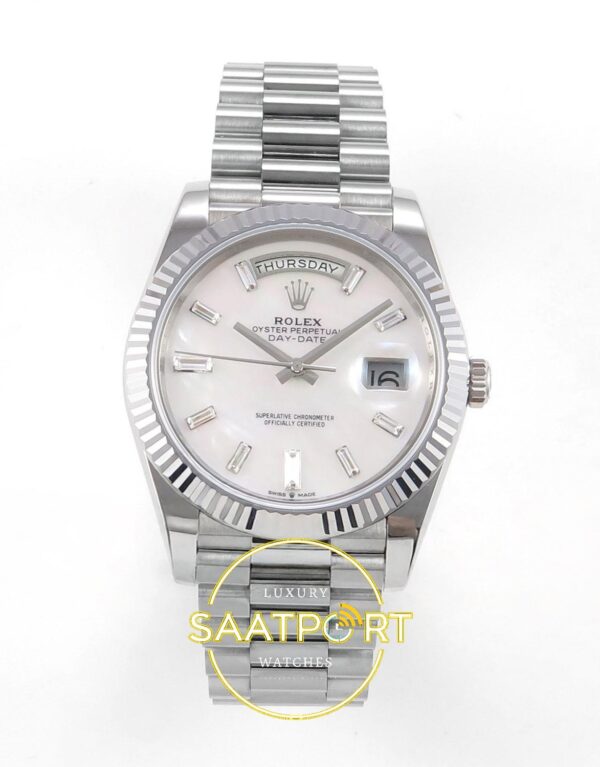 Rolex Day Date 228235 Beyaz Sedef Taşlı Kadran 40mm Eta Saat karşıdan görünüm