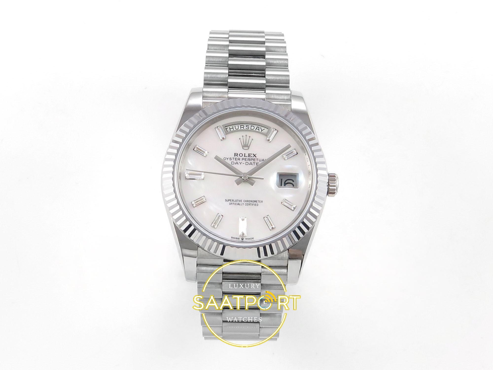01-63 Rolex Day Date 228235 Beyaz Sedef Taşlı Kadran 40mm Eta Saat karşıdan görünüm