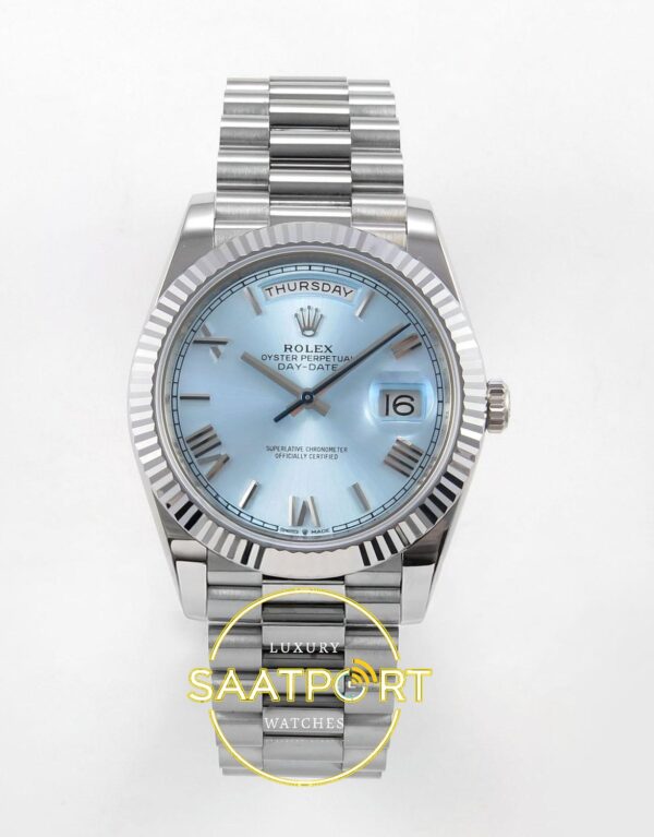 Rolex Day Date 228235 Buz Mavisi Roma Rakamlı Kadran 40mm Eta Saat karşıdan görünüm
