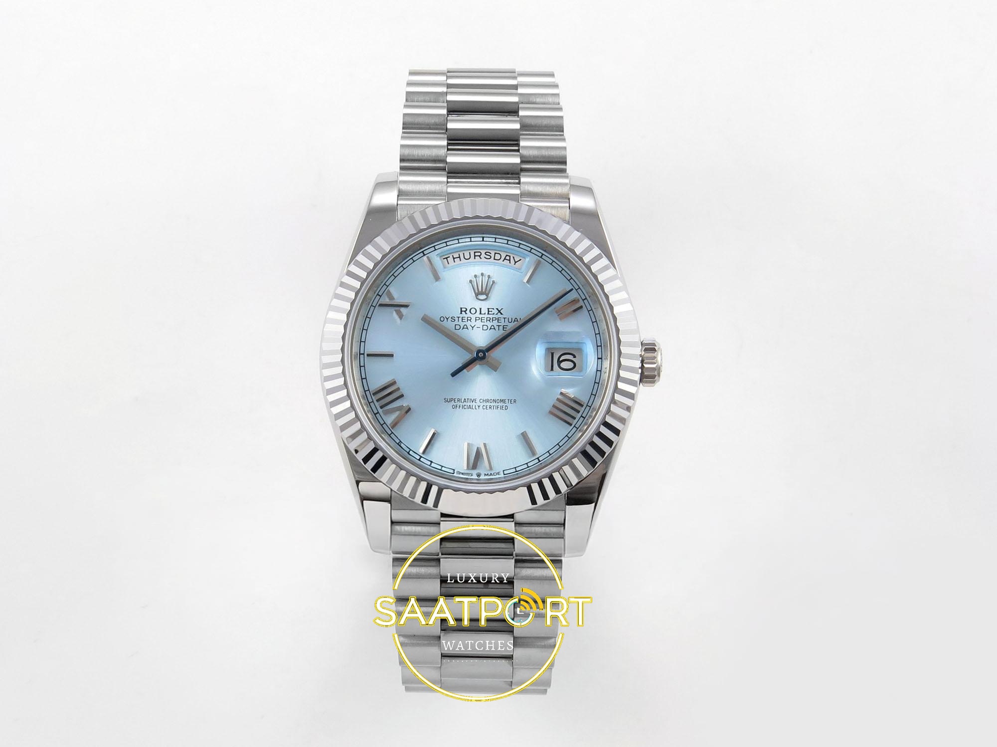 01-64 Rolex Day Date 228235 Buz Mavisi Roma Rakamlı Kadran 40mm Eta Saat karşıdan görünüm