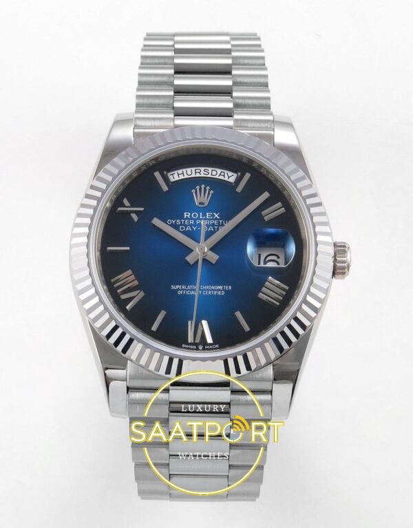 Rolex Day Date 228235 Gölgeli Mavi Roma Rakamlı Kadran 40mm Eta Saat karşıdan görünüm