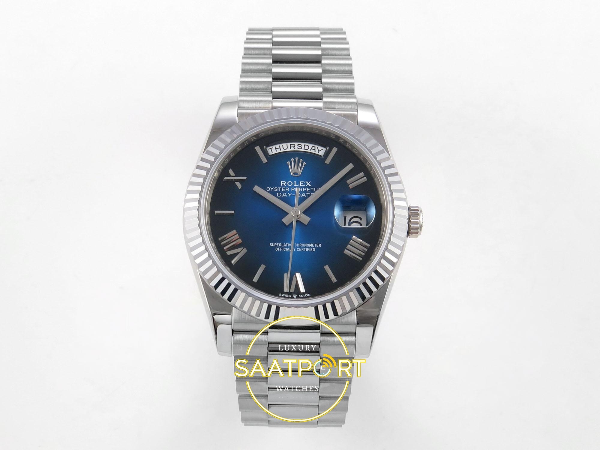 01-65 Rolex Day Date 228235 Gölgeli Mavi Roma Rakamlı Kadran 40mm Eta Saat karşıdan görünüm