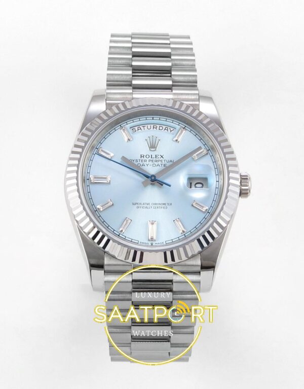 Rolex Day Date 228235 Taşlı Buz Mavisi Kadran 40mm Eta Saat karşıdan görünüm