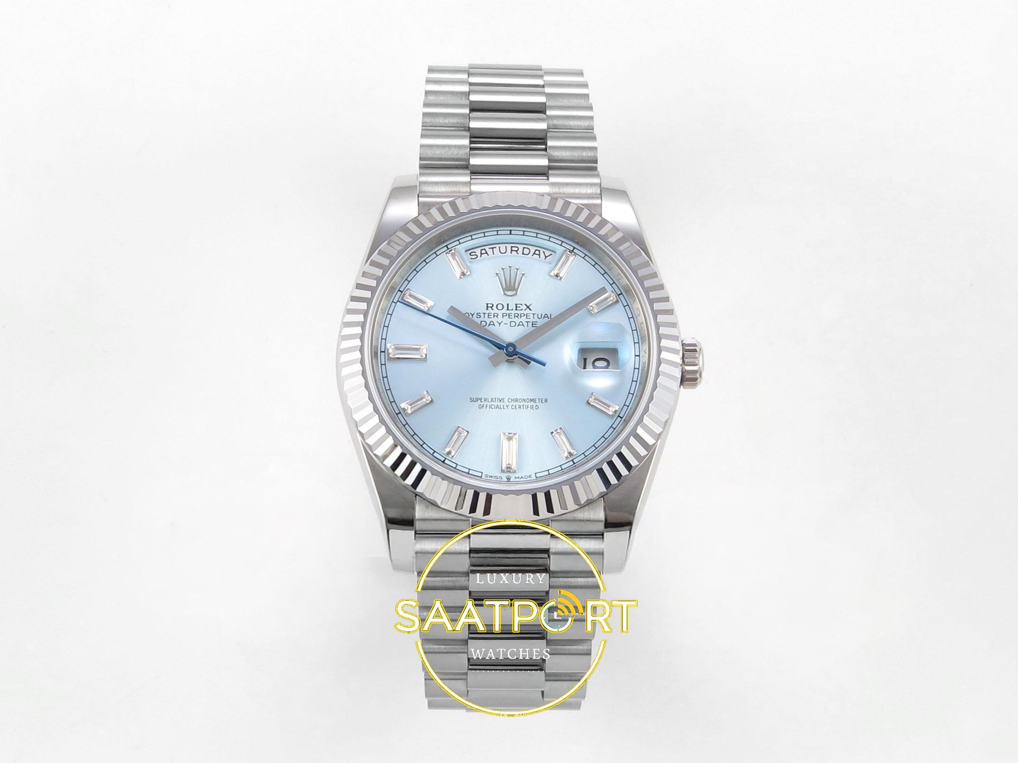 01-67 Rolex Day Date 228235 Taşlı Buz Mavisi Kadran 40mm Eta Saat karşıdan görünüm