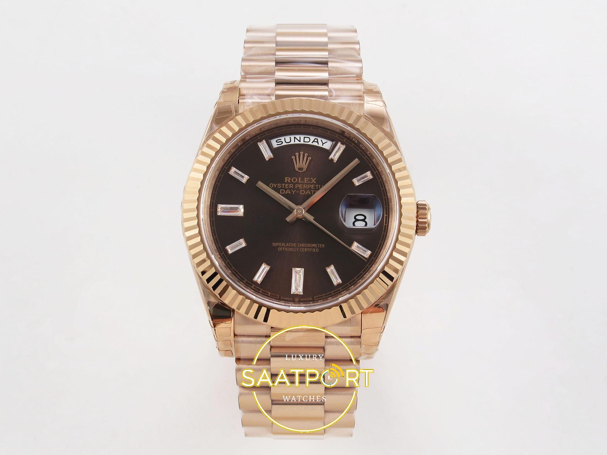 01-68 Rolex Day Date 228235 Taşlı Gri Kadran 40mm VSF V3 Eta Saat karşıdan görünüm