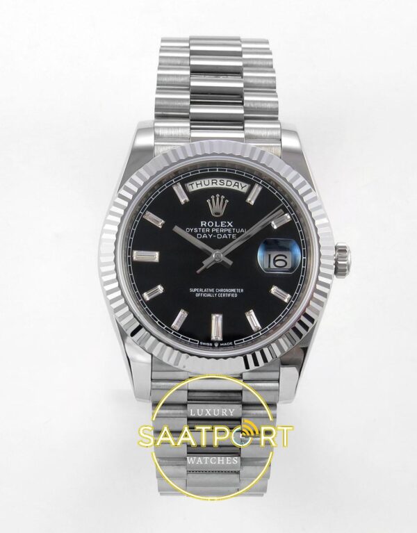 Rolex Day Date 228235 Taşlı Siyah Kadran 40mm Eta Saat karşıdan görünüm