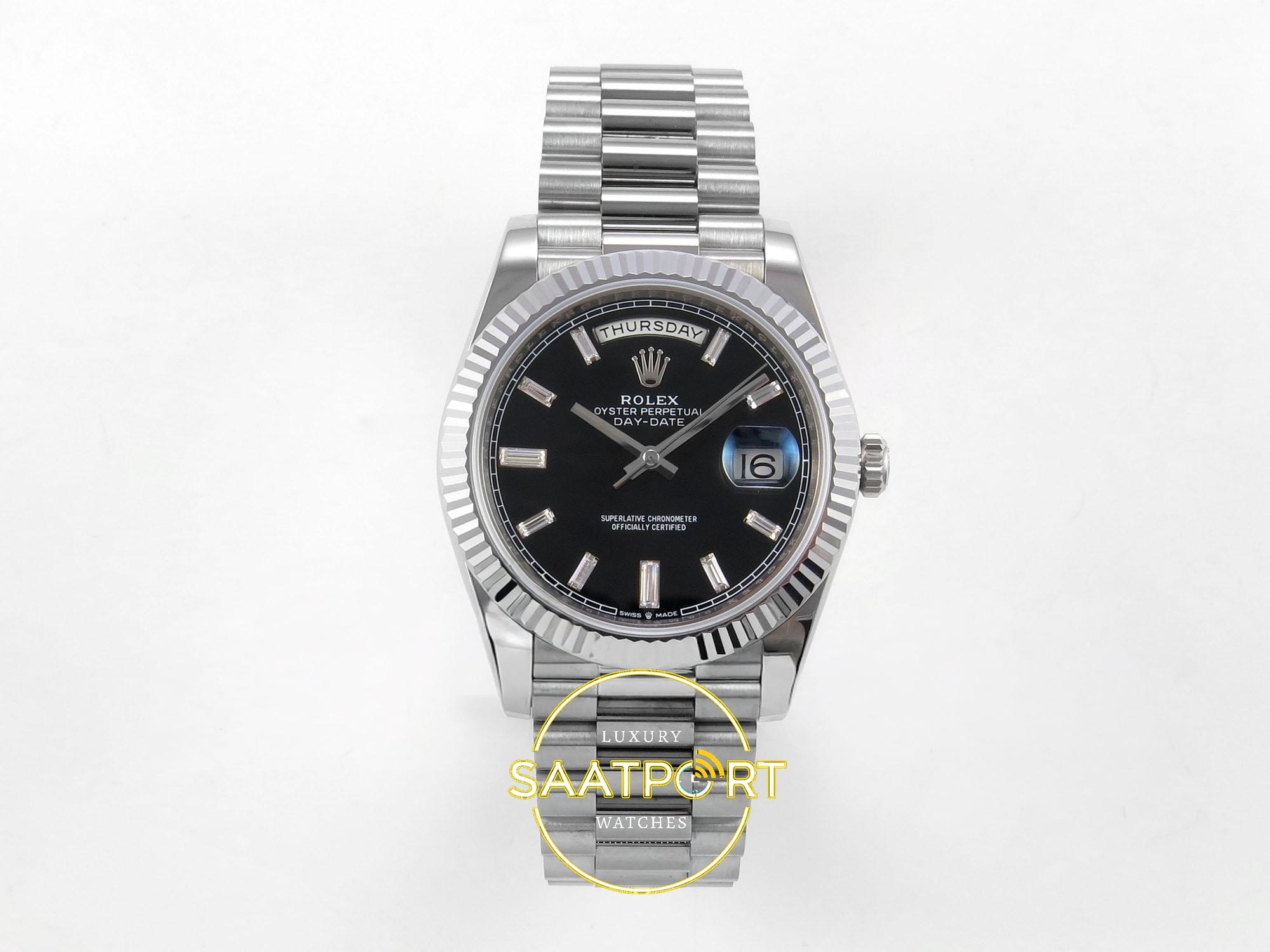 01-69 Rolex Day Date 228235 Taşlı Siyah Kadran 40mm Eta Saat karşıdan görünüm