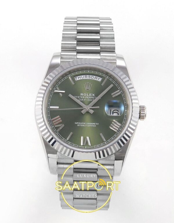 Rolex Day Date 228235 Yeşil Roma Rakamlı Kadran 40mm Eta Saat karşıdan görünüm