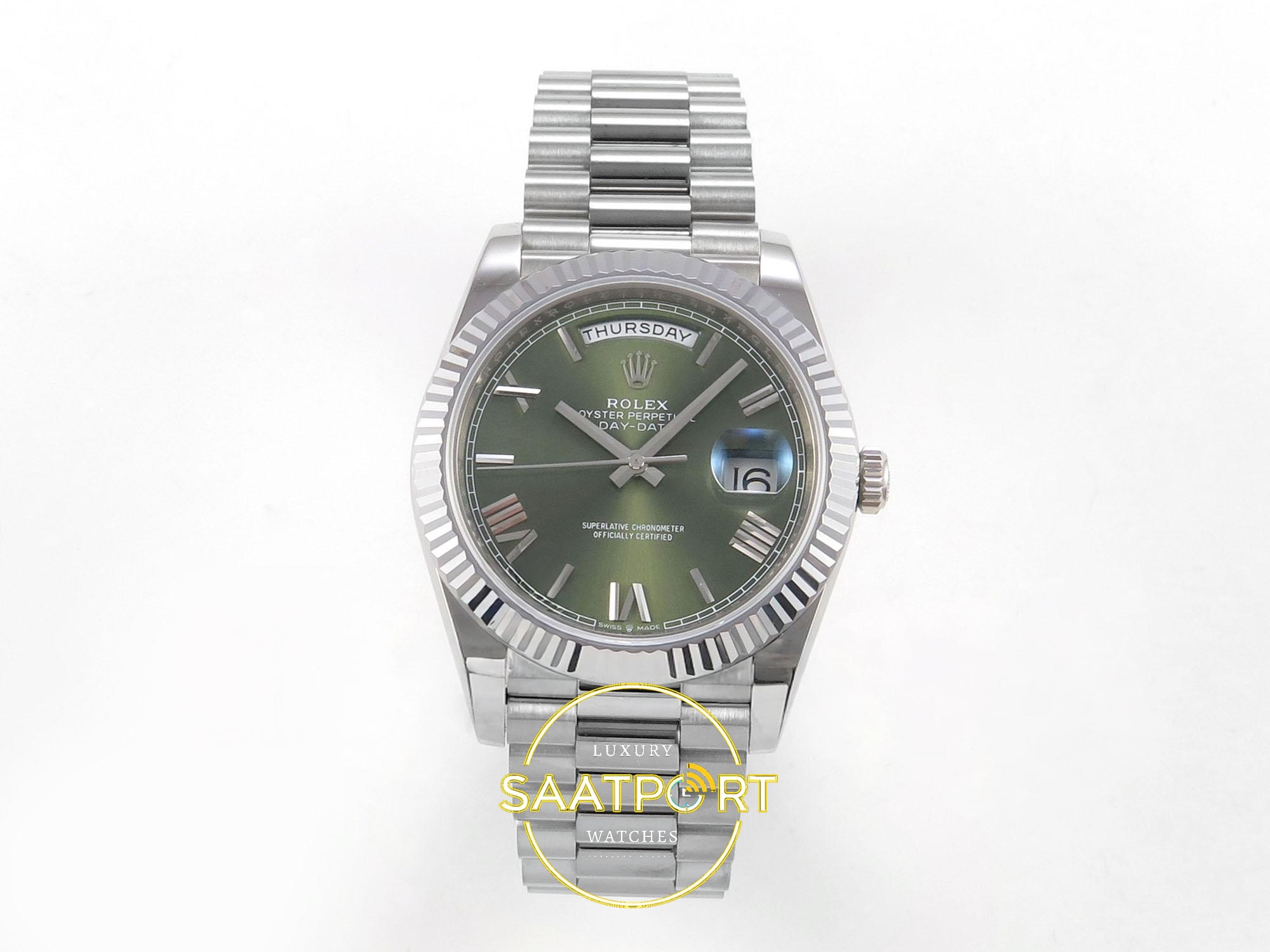 01-70 Rolex Day Date 228235 Yeşil Roma Rakamlı Kadran 40mm Eta Saat karşıdan görünüm