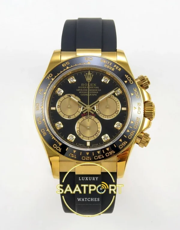 Rolex Daytona 40mm 126518 Black Yellow Gold Diamonds QF Factory Eta Saat karşıdan görünüm