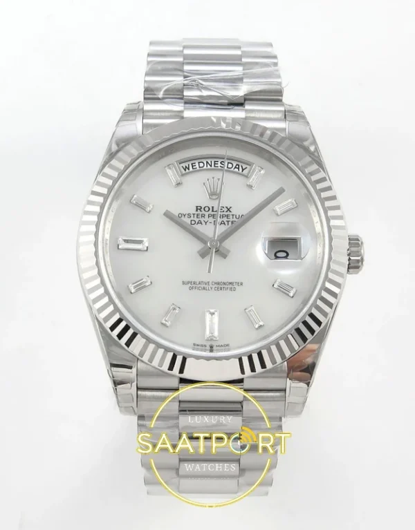 Rolex Day Date 228239 Beyaz Sedef Taşlı 40mm VSF V2 karşıdan görünüm