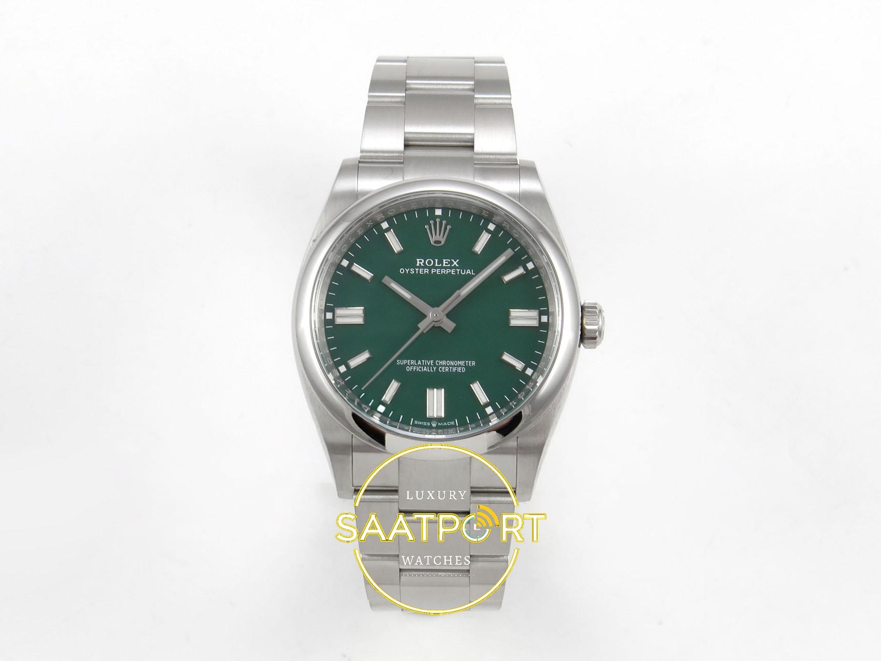 01-8 Rolex Oyster Perpetual 36 126000 Green Dial VSF Factory Super Clone ETA karşıdan görünüm