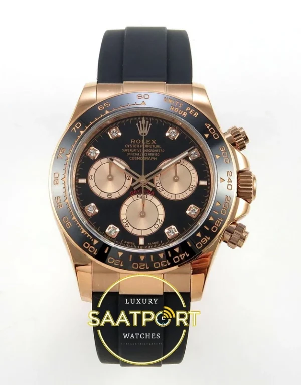 Rolex Daytona 40mm 126515 Black Rose Gold Diamonds QF Factory V2 Eta Saat karşıdan görünüm