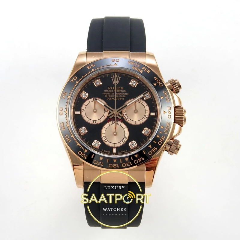 01-85 Rolex Daytona 40mm 126515 Black Rose Gold Diamonds QF Factory V2 Eta Saat karşıdan görünüm
